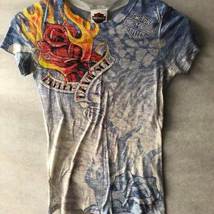 Blue Harley Davidson Shirt With Burning Roses